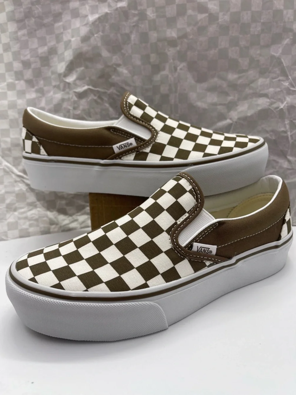 Vans Slip-On Platform Sneakers Checkerboard Sepia Brown VN00018E0E0 New
